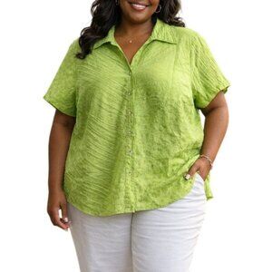 Blue Diamond Plus Size 2X Top Button-Down Green Textured Stripe Sparkle Accents